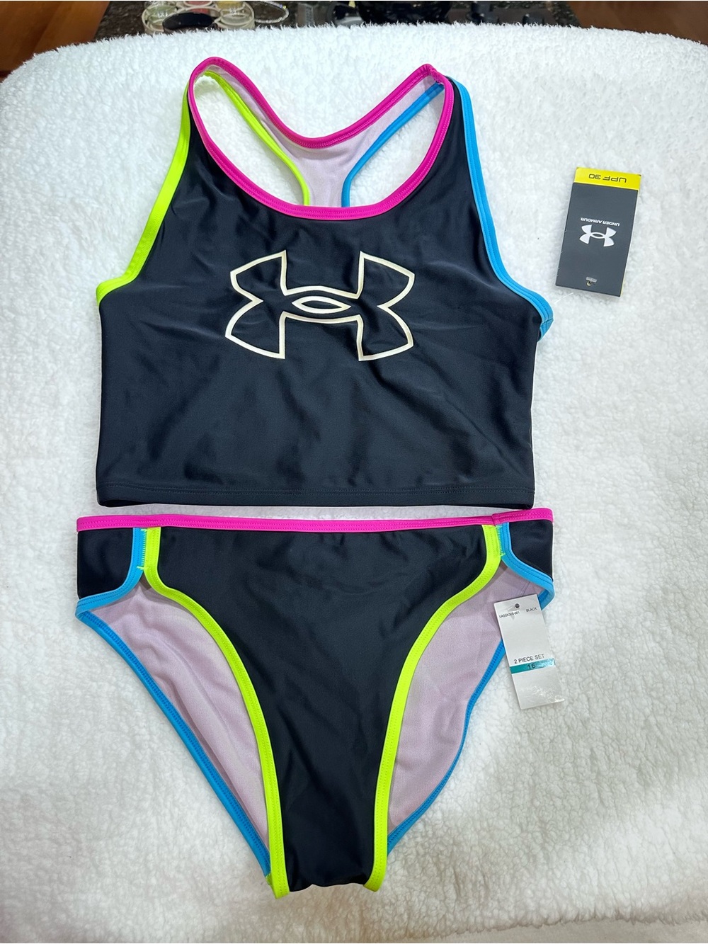 Girl’s Under Armour Black Two-Piece Swim Set with Neon Trim